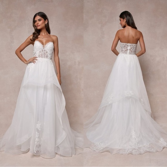Size XS - Lulus Mine, All Mine White Embroidered‎ Organza Strapless A-Line Gown - Picture 1 of 9